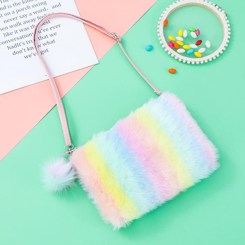 Newfancy Women Girls Kids Fluffy Fuzzy Bag Plush Tie Dye Rainbow Crossbody Purse Wallet - Image 1